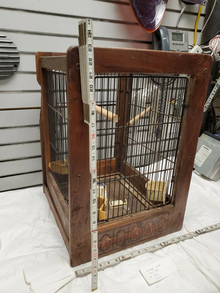 Antique Bird Cage Wooden Primitive Folk Swing Feeder Bath ceramic Inserts 23x16x