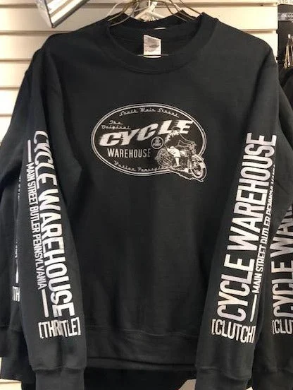 Cycle Warehouse Black Crewneck Pullover Sweatshirt with White Oval Clutch Throttle