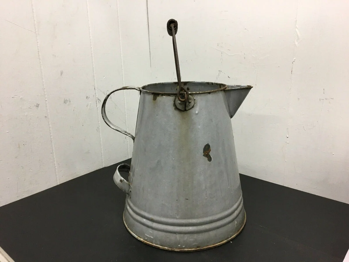 Shabby old enamelware coffee pot for garden flower planter, vintage enamel ware